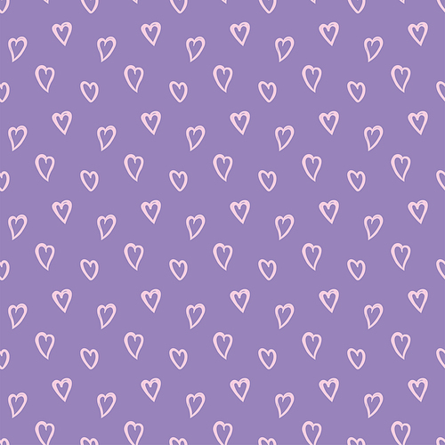 Scattered hearts simple seamless pattern, pink on violet background. Hand drawn vector illustration. Childish texture. Design concept for kids fashion print, textile, fabric, wallpaper, packaging.