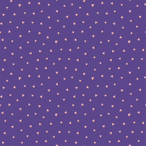Scattered hearts simple seamless pattern, pink on violet background. Hand drawn vector illustration. Childish texture. Design concept for kids fashion print, textile, fabric, wallpaper, packaging.