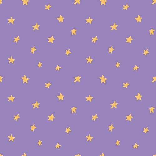 Scattered stars simple seamless pattern, yellow on violet background. Hand drawn vector illustration. Childish texture. Design concept for kids fashion print, textile, fabric, wallpaper, packaging.