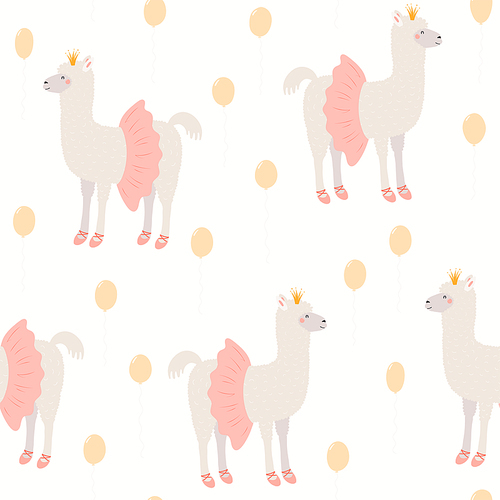 Cute llamas ballerinas, ballet dancers seamless pattern on a white background. Hand drawn vector illustration. Scandinavian style flat design. Concept kids textile, fashion print, wallpaper, package.