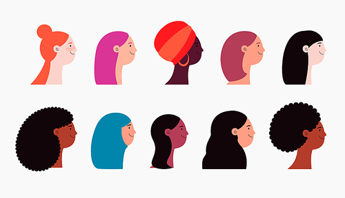 Beautiful diverse women, girls, faces in profile isolated on white. Flat style vector illustration. Female cartoon characters set. Design element 8 March, Womens Day banner, poster. Feminism concept
