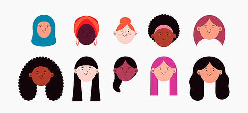 Diverse women, girls faces isolated on white. Flat style vector illustration. Female cartoon characters set. Design element for 8 March, Womens Day banner, poster. Feminism, gender equality concept