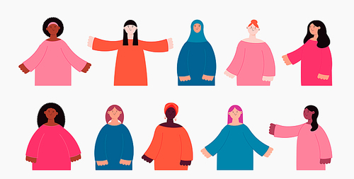 Beautiful diverse women, girls, isolated on white. Flat style vector illustration. Female cartoon characters set. Design element for 8 March, Womens Day card, banner. Feminism, gender equality concept