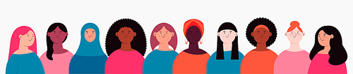 Diverse beautiful modern women, girls group. Flat style vector illustration. Female cartoon characters. Design element for 8 March, Womens Day card, banner, poster. Feminism, gender equality concept