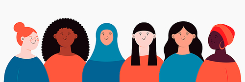 Diverse beautiful modern women, girls group. Flat style vector illustration. Female cartoon characters. Design element for 8 March, Womens Day card, banner, poster. Feminism, gender equality concept