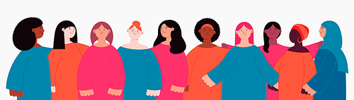 Diverse beautiful modern women, girls group, hugging. Flat style vector illustration. Female cartoon characters. Design element for 8 March, Womens Day card, banner, poster. Feminism, equality concept