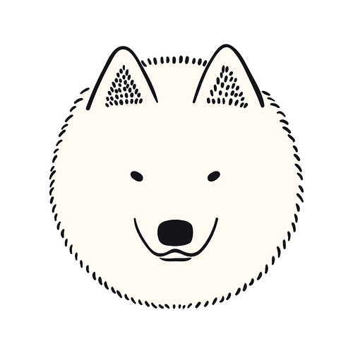 Samoyed dog, puppy face cute funny cartoon character illustration. Hand drawn vector, isolated. Line art. Domestic animal logo. Design concept pet food, branding, business, vet, print, poster