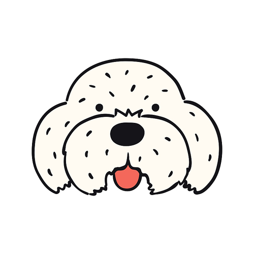 Maltese dog, puppy face cute funny cartoon character illustration. Hand drawn vector, isolated. Line art. Domestic animal logo. Design concept pet food, branding, business, vet, print, poster