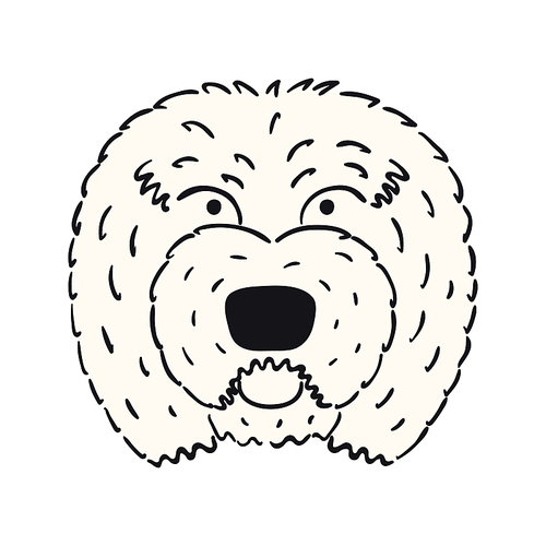 Old English sheepdog, puppy face cute funny cartoon character illustration. Hand drawn vector, isolated. Line art. Domestic animal logo. Design concept pet food, branding, business, vet, print, poster