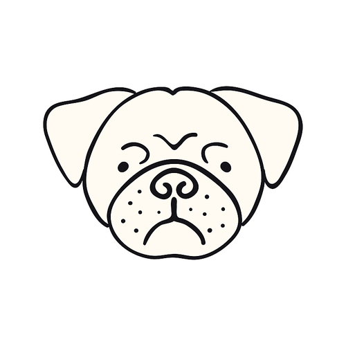 Pug dog, puppy face cute funny cartoon character illustration. Hand drawn vector, isolated. Line art. Domestic animal logo. Design concept pet food, branding, business, vet, print, poster