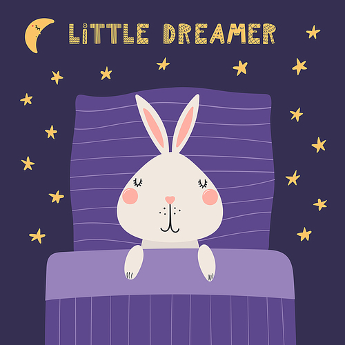 Cute funny sleeping rabbit with pillow, blanket, moon, stars, quote. Hand drawn vector illustration. Scandinavian style flat design. Kids fashion, textile print, poster, card, baby shower concept