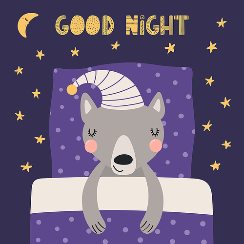 Cute funny sleeping wolf with pillow, blanket, moon, stars, quote. Hand drawn vector illustration. Scandinavian style flat design. Kids fashion, textile print, poster, card, baby shower concept