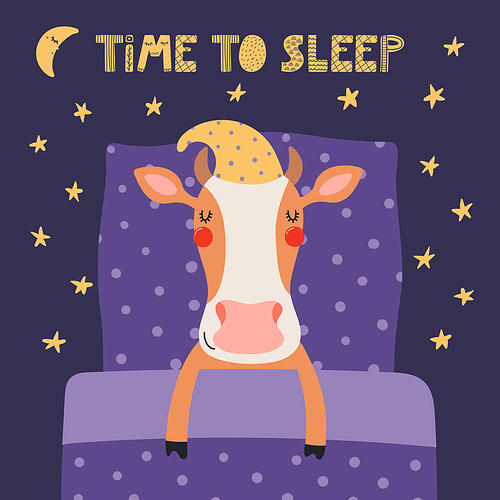 Cute funny sleeping cow with pillow, blanket, moon, stars, quote. Hand drawn vector illustration. Scandinavian style flat design. Kids fashion, textile print, poster, card, baby shower concept