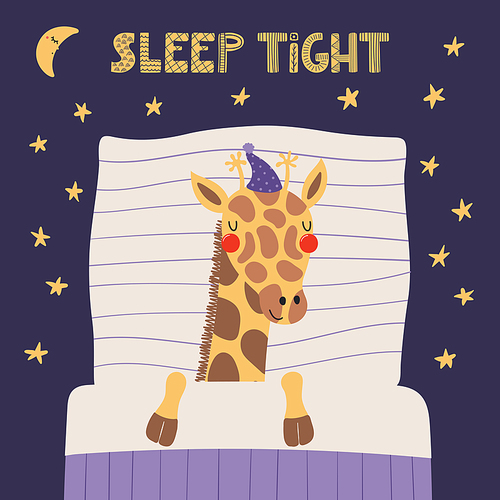 Cute funny sleeping giraffe with pillow, blanket, moon, stars, quote. Hand drawn vector illustration. Scandinavian style flat design. Kids fashion, textile print, poster, card, baby shower concept