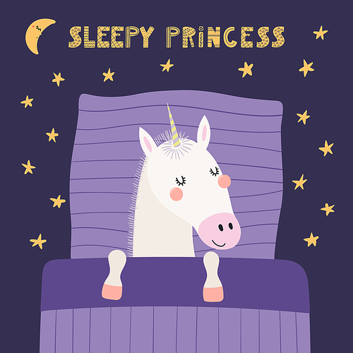 Cute funny sleeping unicorn with pillow, blanket, moon, stars, quote. Hand drawn vector illustration. Scandinavian style flat design. Kids fashion, textile print, poster, card, baby shower concept