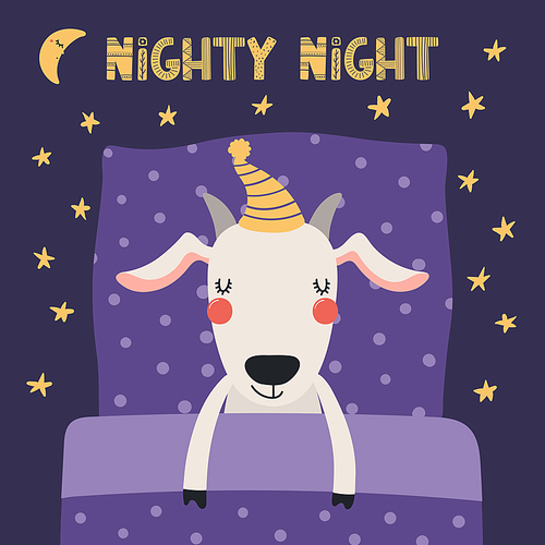 Cute funny sleeping goat with pillow, blanket, moon, stars, quote. Hand drawn vector illustration. Scandinavian style flat design. Kids fashion, textile print, poster, card, baby shower concept