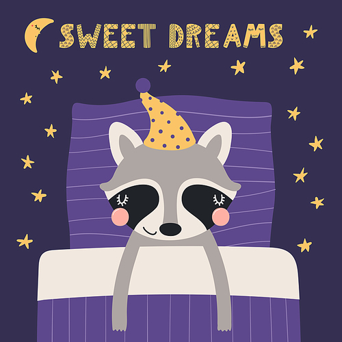 Cute funny sleeping raccoon with pillow, blanket, moon, stars, quote. Hand drawn vector illustration. Scandinavian style flat design. Kids fashion, textile print, poster, card, baby shower concept