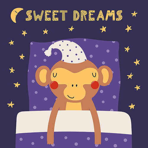 Cute funny sleeping monkey with pillow, blanket, moon, stars, quote. Hand drawn vector illustration. Scandinavian style flat design. Kids fashion, textile print, poster, card, baby shower concept