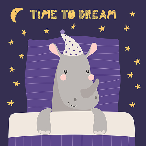 Cute funny sleeping rhino with pillow, blanket, moon, stars, quote. Hand drawn vector illustration. Scandinavian style flat design. Kids fashion, textile print, poster, card, baby shower concept