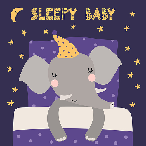 Cute funny sleeping elephant with pillow, blanket, moon, stars, quote. Hand drawn vector illustration. Scandinavian style flat design. Kids fashion, textile print, poster, card, baby shower concept