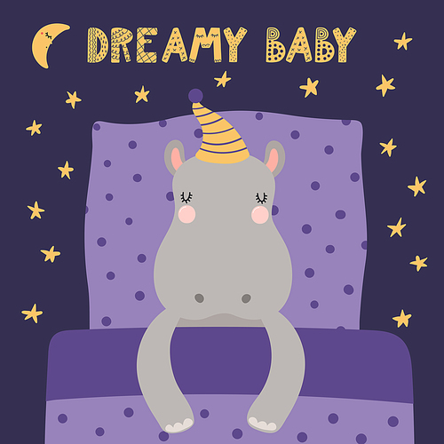 Cute funny sleeping hippo with pillow, blanket, moon, stars, quote. Hand drawn vector illustration. Scandinavian style flat design. Kids fashion, textile print, poster, card, baby shower concept