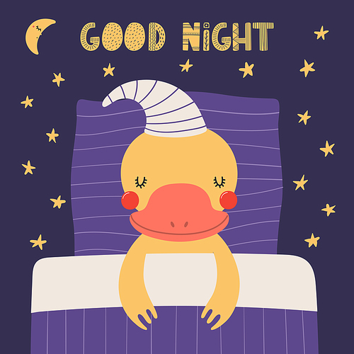 Cute funny sleeping duck with pillow, blanket, moon, stars, quote. Hand drawn vector illustration. Scandinavian style flat design. Kids fashion, textile print, poster, card, baby shower concept