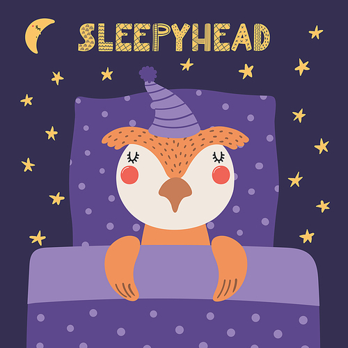 Cute funny sleeping owl with pillow, blanket, moon, stars, quote. Hand drawn vector illustration. Scandinavian style flat design. Kids fashion, textile print, poster, card, baby shower concept