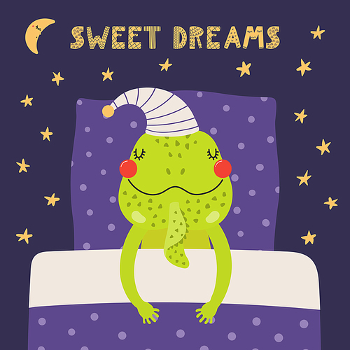 Cute funny sleeping iguana with pillow, blanket, moon, stars, quote. Hand drawn vector illustration. Scandinavian style flat design. Kids fashion, textile print, poster, card, baby shower concept