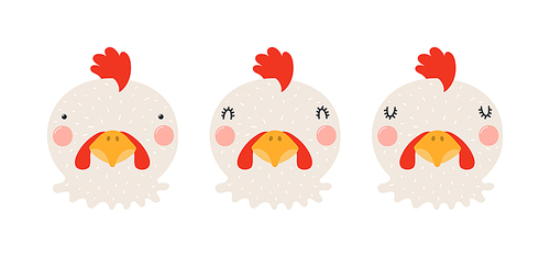 Cute funny chicken faces illustrations set. Hand drawn cartoon character. Scandinavian style flat design, isolated vector. Kids print element, poster, card, wildlife, nature, baby animals