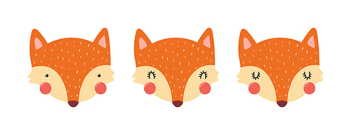 Cute funny fox faces illustrations set. Hand drawn cartoon character. Scandinavian style flat design, isolated vector. Kids print element, poster, card, wildlife, nature, baby animals