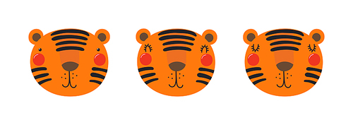 Cute funny tiger faces illustrations set. Hand drawn cartoon character. Scandinavian style flat design, isolated vector. Kids print element, poster, card, wildlife, nature, baby animals
