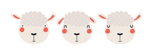 Cute funny sheep faces illustrations set. Hand drawn cartoon character. Scandinavian style flat design, isolated vector. Kids print element, poster, card, wildlife, nature, baby animals