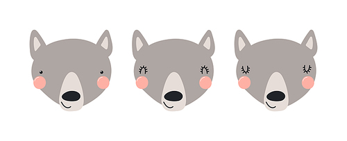 Cute funny wolf faces illustrations set. Hand drawn cartoon character. Scandinavian style flat design, isolated vector. Kids print element, poster, card, wildlife, nature, baby animals
