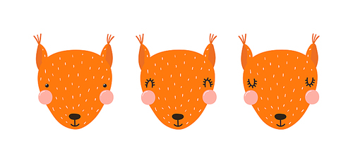 Cute funny squirrel faces illustrations set. Hand drawn cartoon character. Scandinavian style flat design, isolated vector. Kids print element, poster, card, wildlife, nature, baby animals