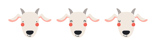 Cute funny goat faces illustrations set. Hand drawn cartoon character. Scandinavian style flat design, isolated vector. Kids print element, poster, card, wildlife, nature, baby animals