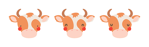 Cute funny cow faces illustrations set. Hand drawn cartoon character. Scandinavian style flat design, isolated vector. Kids print element, poster, card, wildlife, nature, baby animals