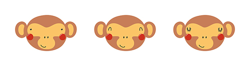 Cute funny monkey faces illustrations set. Hand drawn cartoon character. Scandinavian style flat design, isolated vector. Kids print element, poster, card, wildlife, nature, baby animals