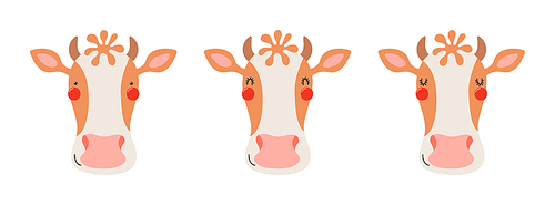 Cute funny cow faces illustrations set. Hand drawn cartoon character. Scandinavian style flat design, isolated vector. Kids print element, poster, card, wildlife, nature, baby animals