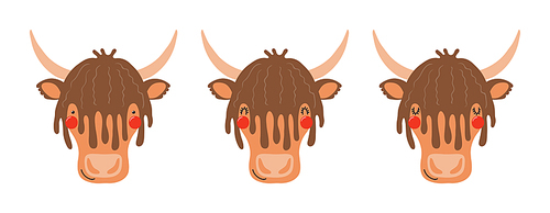 Cute funny yak faces illustrations set. Hand drawn cartoon character. Scandinavian style flat design, isolated vector. Kids print element, poster, card, wildlife, nature, baby animals
