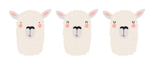Cute funny llama faces illustrations set. Hand drawn cartoon character. Scandinavian style flat design, isolated vector. Kids print element, poster, card, wildlife, nature, baby animals