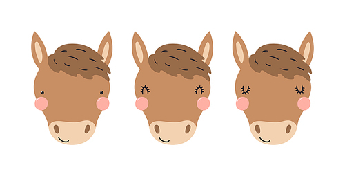 Cute funny horse faces illustrations set. Hand drawn cartoon character. Scandinavian style flat design, isolated vector. Kids print element, poster, card, wildlife, nature, baby animals
