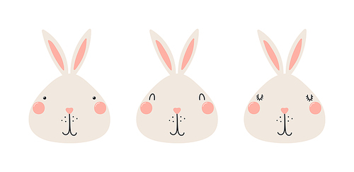 Cute funny rabbit faces illustrations set. Hand drawn cartoon character. Scandinavian style flat design, isolated vector. Kids print element, poster, card, wildlife, nature, baby animals