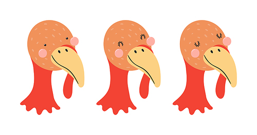 Cute funny turkey faces illustrations set. Hand drawn cartoon character. Scandinavian style flat design, isolated vector. Kids print element, poster, card, wildlife, nature, baby animals