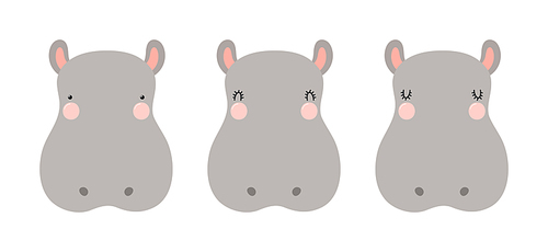 Cute funny hippo faces illustrations set. Hand drawn cartoon character. Scandinavian style flat design, isolated vector. Kids print element, poster, card, wildlife, nature, baby animals
