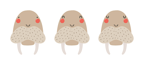 Cute funny walrus faces illustrations set. Hand drawn cartoon character. Scandinavian style flat design, isolated vector. Kids print element, poster, card, wildlife, nature, baby animals