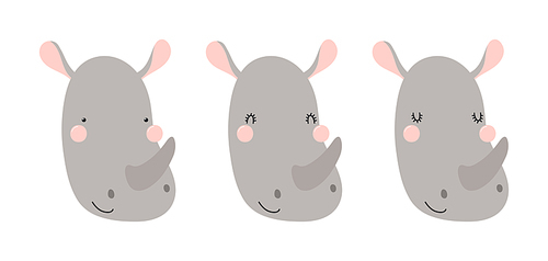 Cute funny rhino faces illustrations set. Hand drawn cartoon character. Scandinavian style flat design, isolated vector. Kids print element, poster, card, wildlife, nature, baby animals