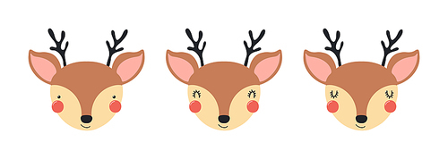 Cute funny deer faces illustrations set. Hand drawn cartoon character. Scandinavian style flat design, isolated vector. Kids print element, poster, card, wildlife, nature, baby animals