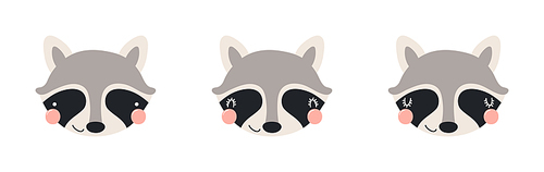Cute funny raccoon faces illustrations set. Hand drawn cartoon character. Scandinavian style flat design, isolated vector. Kids print element, poster, card, wildlife, nature, baby animals