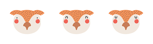 Cute funny owl faces illustrations set. Hand drawn cartoon character. Scandinavian style flat design, isolated vector. Kids print element, poster, card, wildlife, nature, baby animals