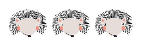 Cute funny hedgehog faces illustrations set. Hand drawn cartoon character. Scandinavian style flat design, isolated vector. Kids print element, poster, card, wildlife, nature, baby animals